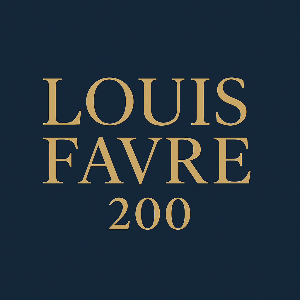 Das Bild zeigt einen goldenen Text auf dunkelblauem Hintergrund mit der Aufschrift LOUIS FAVRE 200 in einer fetten Serifenschrift.