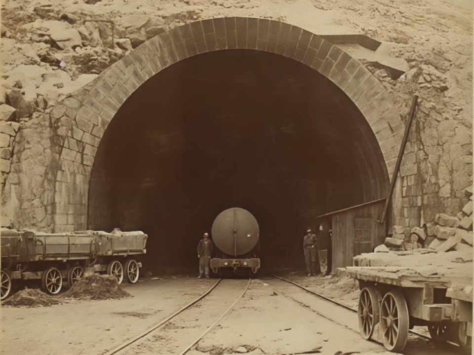 Ein sepiafarbenes Foto zeigt zwei Männer, die am Eingang eines großen steinernen Eisenbahntunnels stehen. Ein Kesselwagen steht auf den Gleisen, die in den Tunnel führen, und um den Eingang herum befinden sich Karren und Steinbrocken.